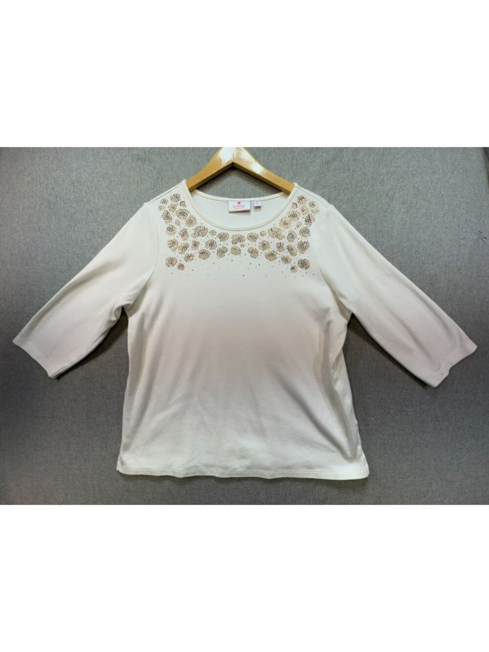 Quacker Factory by Jeanne Bice Womens Blouse Top Size L White Embellished Casual